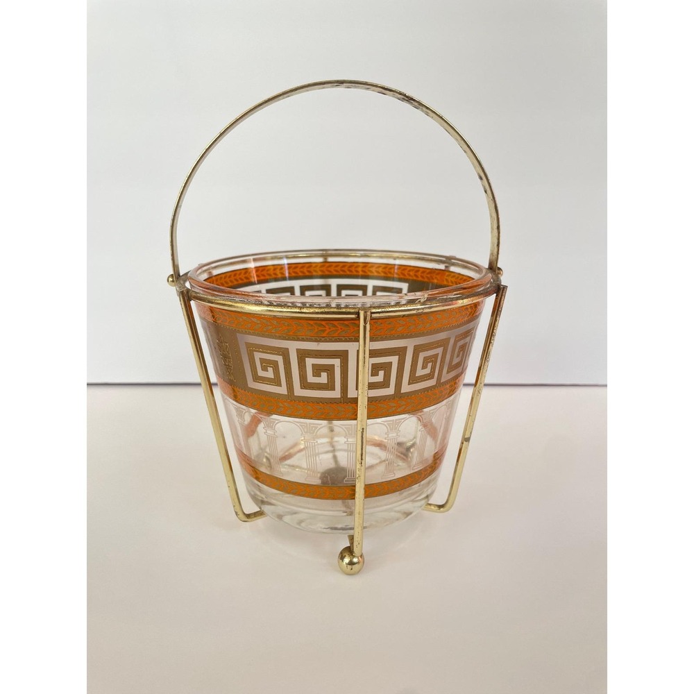 Vintage Mid Century Culver Greek Key Gold Orange Ice Bucket with Metal Caddy